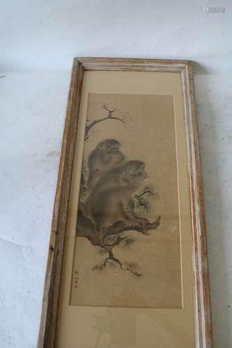 Asian Monkey Painting on Fabric, signed & red stamps