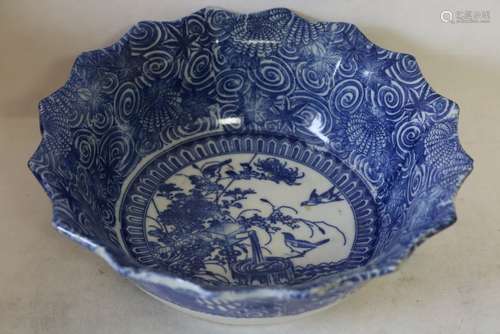 Asian Blue & White Porcelain Bowl with Ruffled Edge