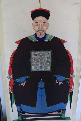 Asian Hand Painted Scroll, Chinese Ancestral Portrait