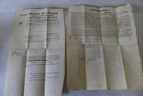 1832 Cod Fishing License Schooner Mark, & Fisherman's Shipping Paper