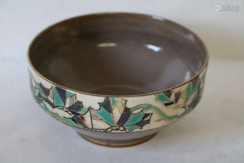 Asian Porcelain Bowl, Brown inside abstract outside, signed