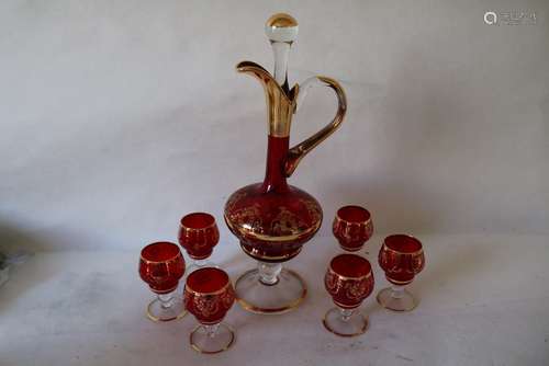 Hand Painted Bohemian Decanter & Cordial Set, Red Glass & Gold