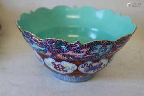 Chinese Porcelain Bowl, raised hand painted, Dragons, Fish, Flowers, signed