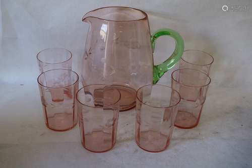 Pink & Green Depression Glass Pitcher & Glasses, Lemonade/Juice Set