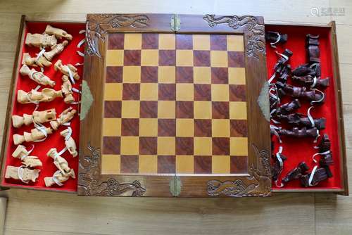 Vintage Asian Hand Carved Chess set in folding Box