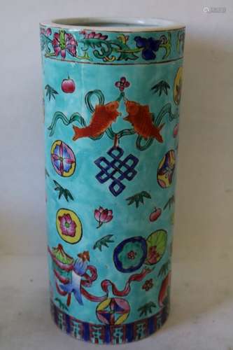 Tall Famille Verte Porcelain Asian Cylinder Vase, signed