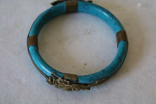 Blue Stone Bracelet with Applied Bird & Dragon in Brass