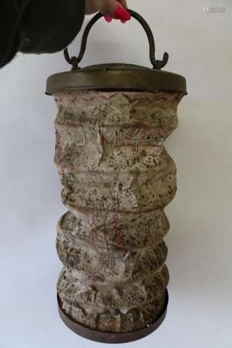 Antique Asian Canvas Lantern with Brass Trim