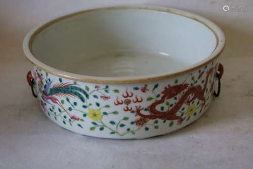 Hand Painted Asian double handle Casserole Dish, Birds & Dragons