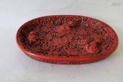 Asian Cinnabar Carved Dish/Bowl, signed, Grapevine Pattern