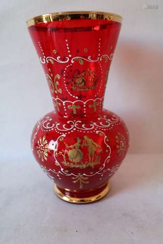 Hand Painted Red Glass with Gold Leaf & Enamel Vase