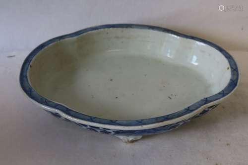 Blue & White Porcelain Oval Footed Chinese Bowl