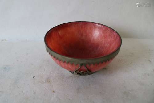 Red Jade Bowl with Silver Frame/Holder, Signed