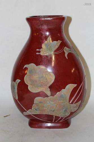 Large Red Asian Vase with Hand Carved Design, Butterflies