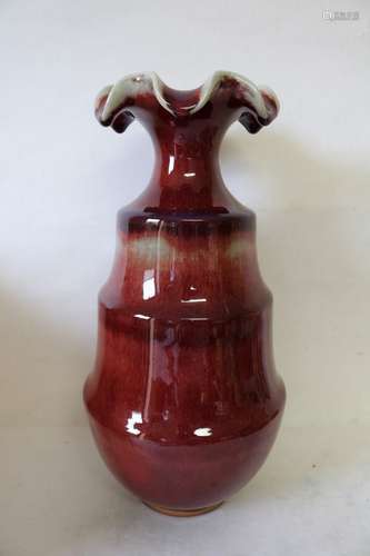 Large Asian Red Pottery Vase, Ruffled Top, signed