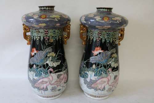Pair Large Chinese Vases, unusual form, Signed