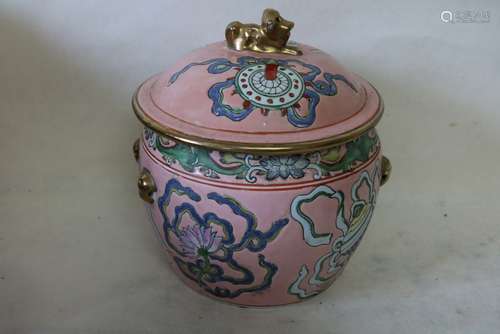 Asian Covered Jar Pink Famille Rose Signed, Foo Dog Finial