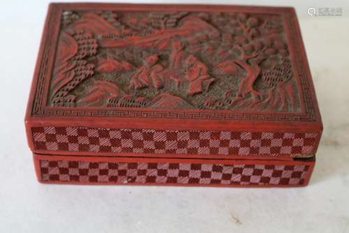 Early Cinnabar Covered Box, Hand Carved Asian Scene