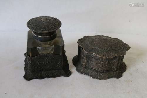 Antique Ink Well and Covered Box, Desk Set