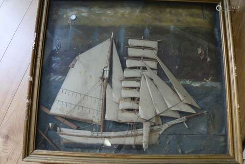 Great Folk Art Nautical Shadow Box with Ship, & Painting