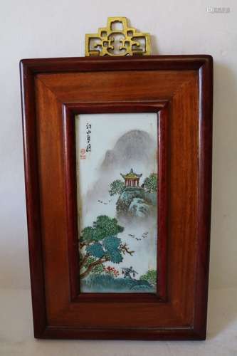 Hand Painted Asian Tile in wood Frame, signed & red stamp