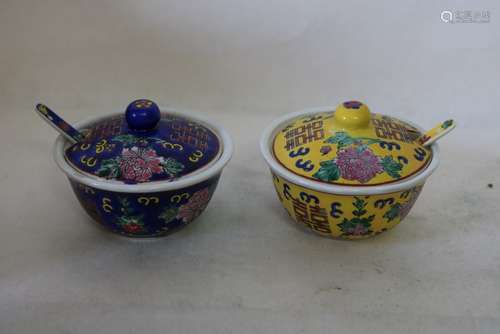 Pair small signed Asian covered Bowls with Spoons & Lids