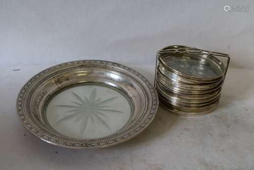 Glass & Sterling Plate and 8 Coaster set