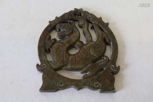 Carved Brown & Green Stone Pad with Dragon