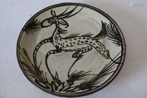 Asian Brown & White Porcelain Dish with Hand Painted Animal