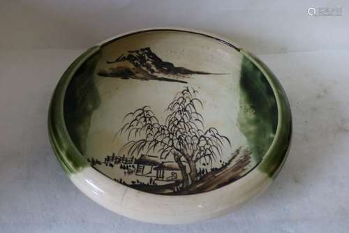 Green & White Hand Painted Pottery Bowl, signed