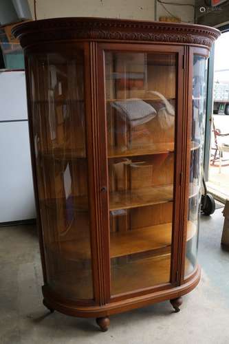 Victorian Oak Antique Curved Glass Curio Cabinet with 4 shelves