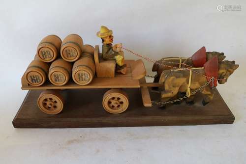 Wood Carved Horse & Wagon with Barrels