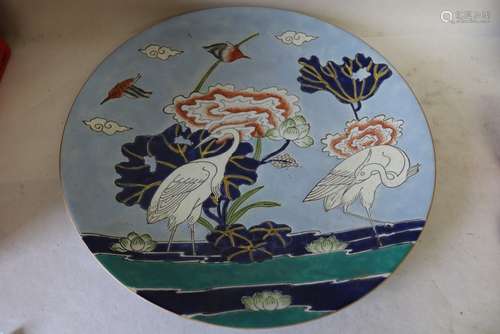 Large Asian Porcelain Charger with Cranes, Hand Painted, Signed