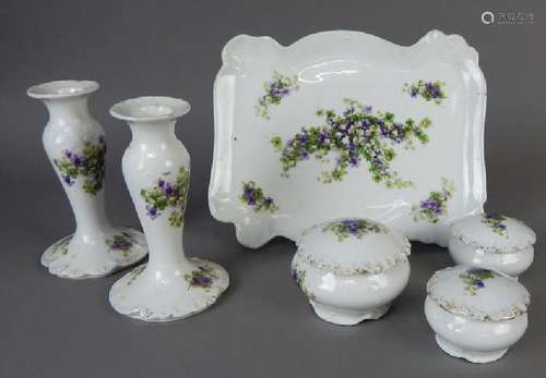 Six Piece Limoges Purple Floral Vanity Dresser Set