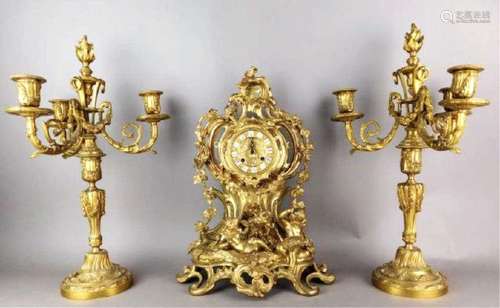 19th Century French Dore Bronze 3pc Clock Set