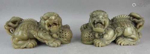 Pair of Carved Soapstone Foo Lions