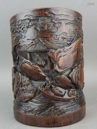 Chinese Carved Chen Xiang Wood Brush Pot