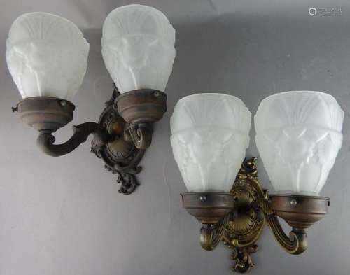 Pair Doubled Arm Frosted Glass Shade Sconces