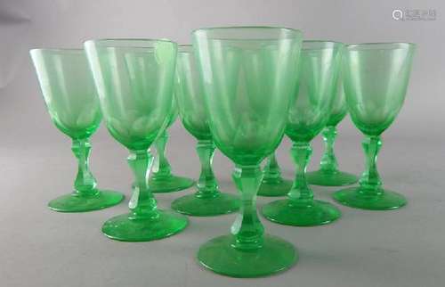 Set of Nine Baccarat Style Green Glass Stemware