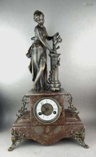 Figural French Bronze and Marble Clock