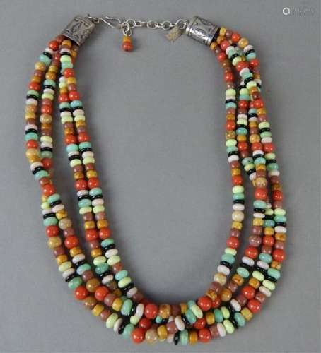 Three Strand Coral, Agate and Amber Necklace