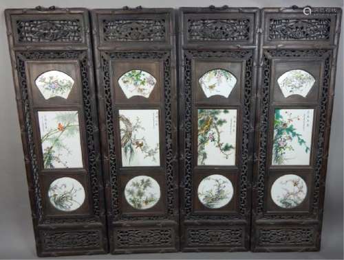 Four Chinese Porcelain & Wood Panels