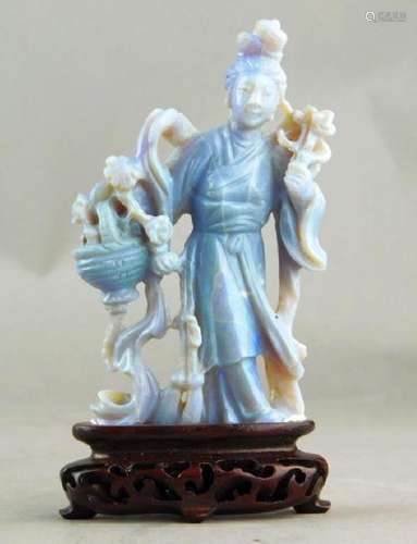 Chinese Carved Lavender Jade Goddess on Wood Base