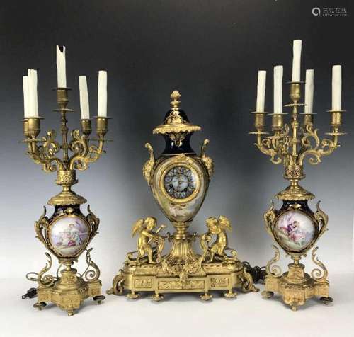 19th Century French Tiffany & Sevres 3pc Clock Set