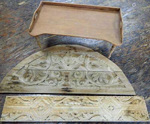 Old Carved Wood Medical Tray & 3 Carved Panels