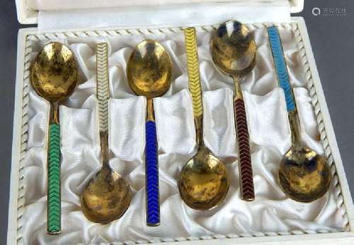 Set of Six Sterling Silver and Enamel Spoons