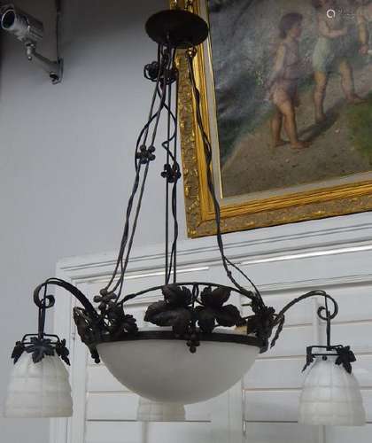 Art Deco Style Iron and Alabaster Shade Chandelier