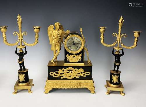 19th Century Empire Style Bronze 3pc. Clock Set