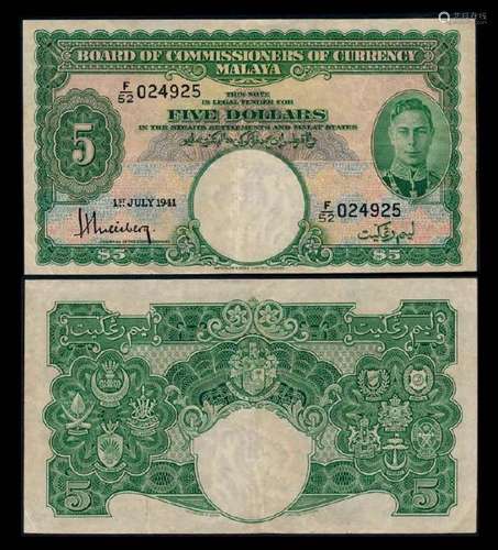 Malaya $5 1941 KGVI VF