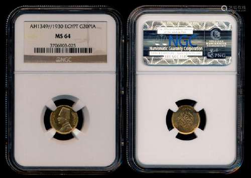 Egypt 20 Piastres AH1349//1930 gold NGC MS64